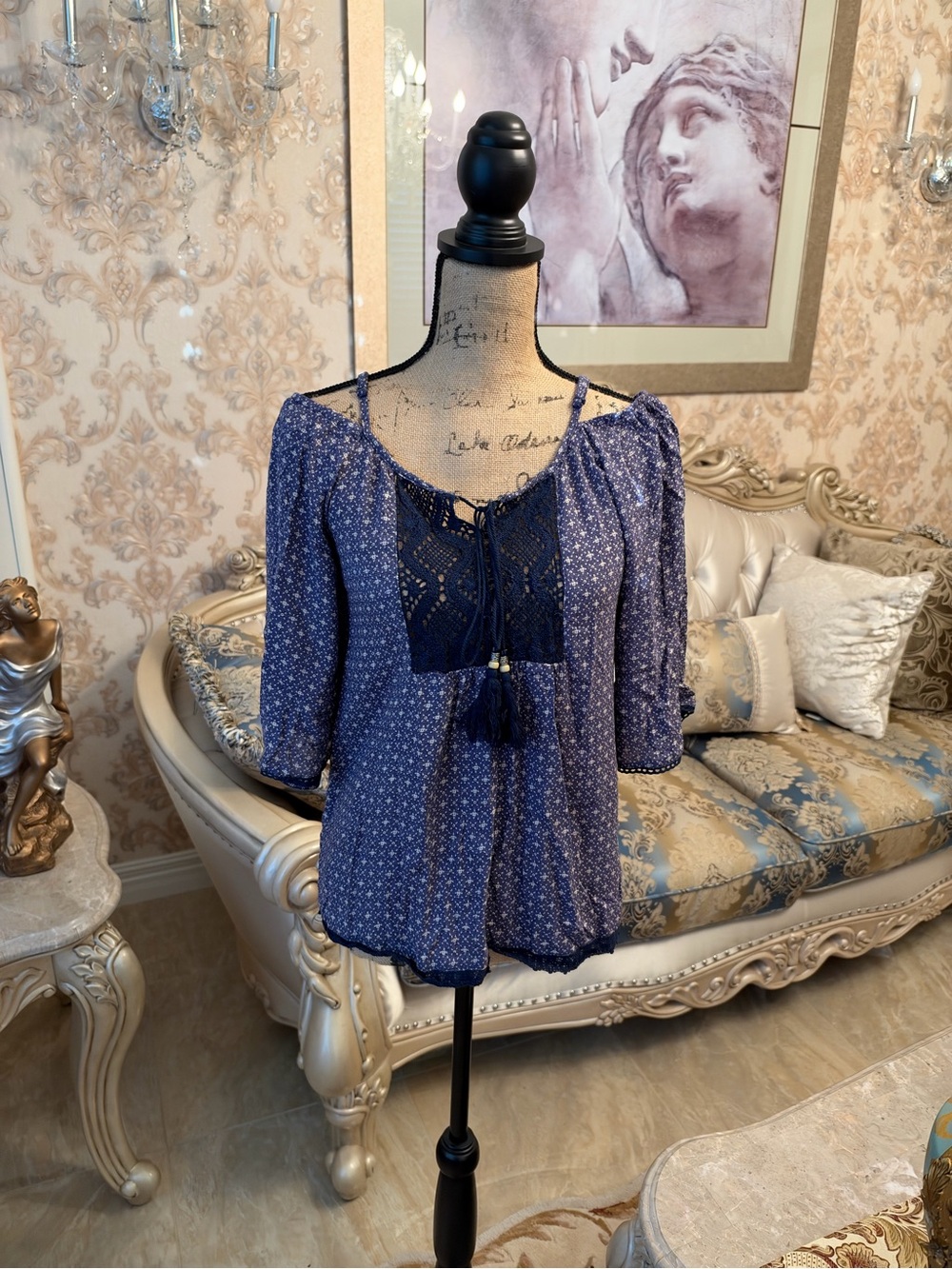 Angie Navy Blue Peasant Blouse with Crochet Front